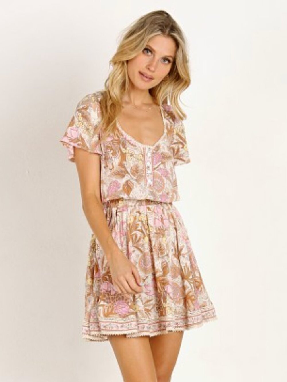 Spell & The Gypsy Jungle Mini Dress Cream Floral Boho Medium EUC
